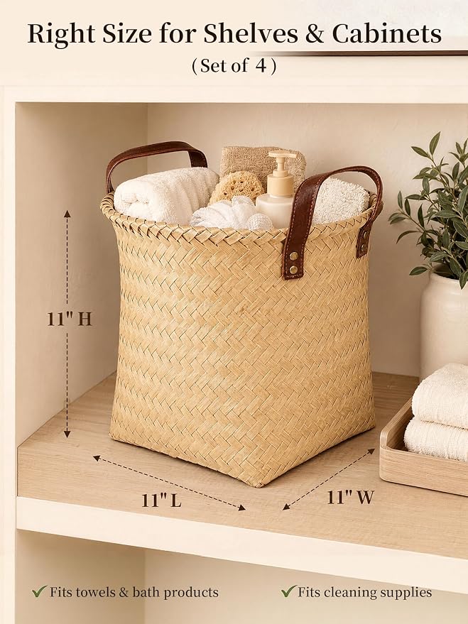 Hand Woven Baskets for Storage, 4Pcs Water-Resistant Wicker Baskets, Yellow Wicker Storage Baskets for Shelves, Large Basket with Handle for Organizing, Closet, Laundry, Blanket - Round