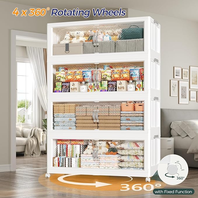 200GAL Plastic Storage Bins with Lid, 800QT Extra Large Stackable Closet Organizers and Storage, Collapsible Storage Boxes with Wheels, Folding Cabinet for Home Kitchen Office, 5Pack White