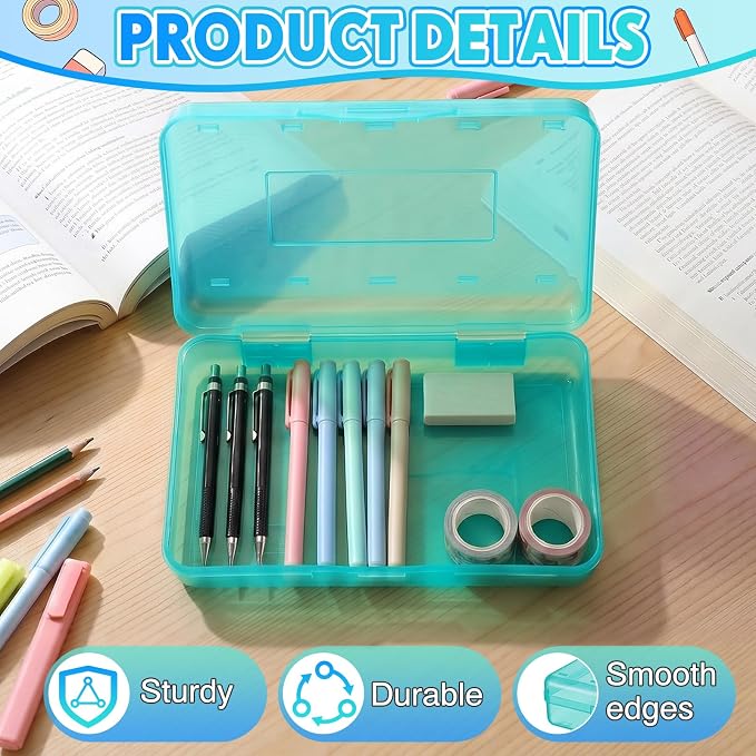 Blulu 6 Pack Large Plastic Pencil Case Box Clear Pencil Boxes Bulk Hard Crayon Box Storage with Snap Lids 8.1 x 4.7 x 2.2 Inch Painting Organizer Classroom Stationery School Supplies (Soft Color)