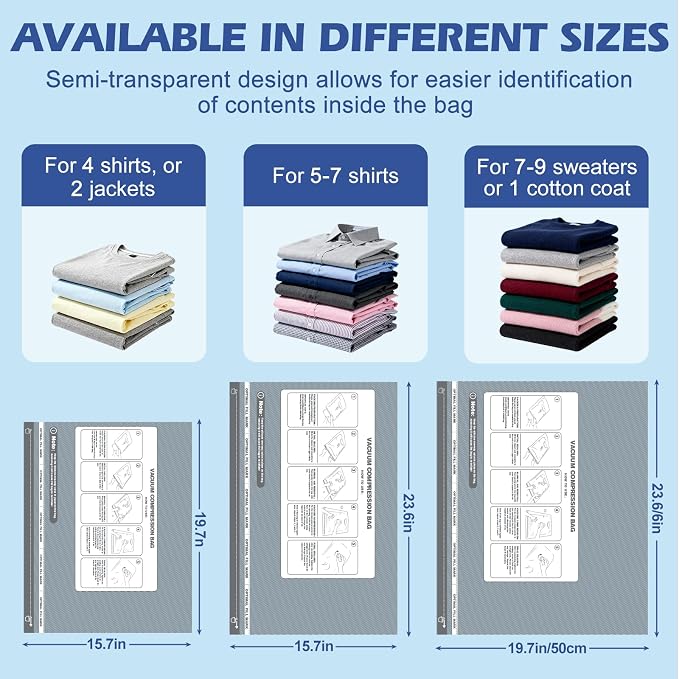 Travel Vacuum Storage Bags with Rechargeable Air Pump, 11 Pack Portable Space Saver Bags, Compression Bags for Clothing, Bedding, Seasonal Storage & Packing Bags for Moving