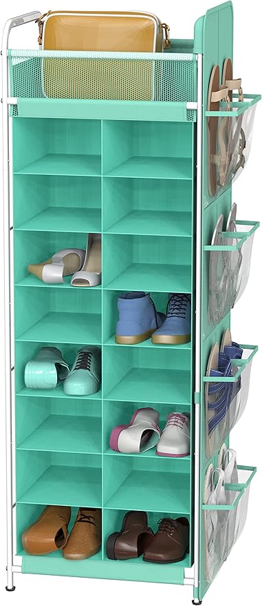 Simple Houseware 16 Cube Shoe Stand Tower Rack 8 Tier, Turquoise | Top Shelf and Side Hanging Pockets