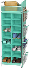 Simple Houseware 16 Cube Shoe Stand Tower Rack 8 Tier, Turquoise | Top Shelf and Side Hanging Pockets