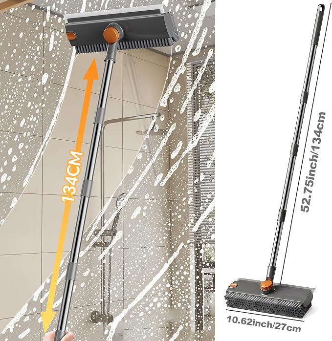 360° Rotatable Floor Scrub Brush - 55 Inch Adjustable Long Handle 2in1 Scrub Squeegee Hidden Hair Catcher V-Type Gap Cleaner for Bathroom Kitchen Patio (Gray)