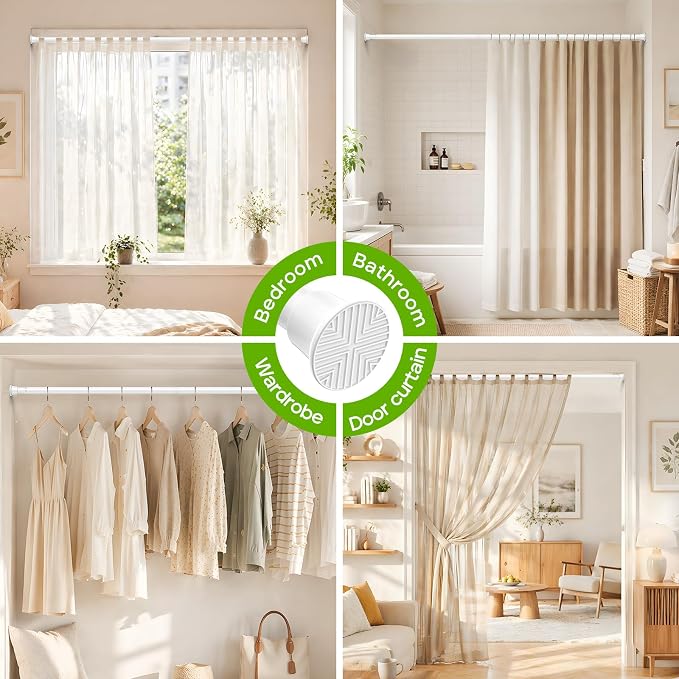 White Shower Curtain Rod 32 to 76 Inches Adjustable, 7/8 Inch Diameter Heavy Duty Tension Curtain Rods No Drill, Rust-Resistant Tension Rod for Bathroom, 1 Pack