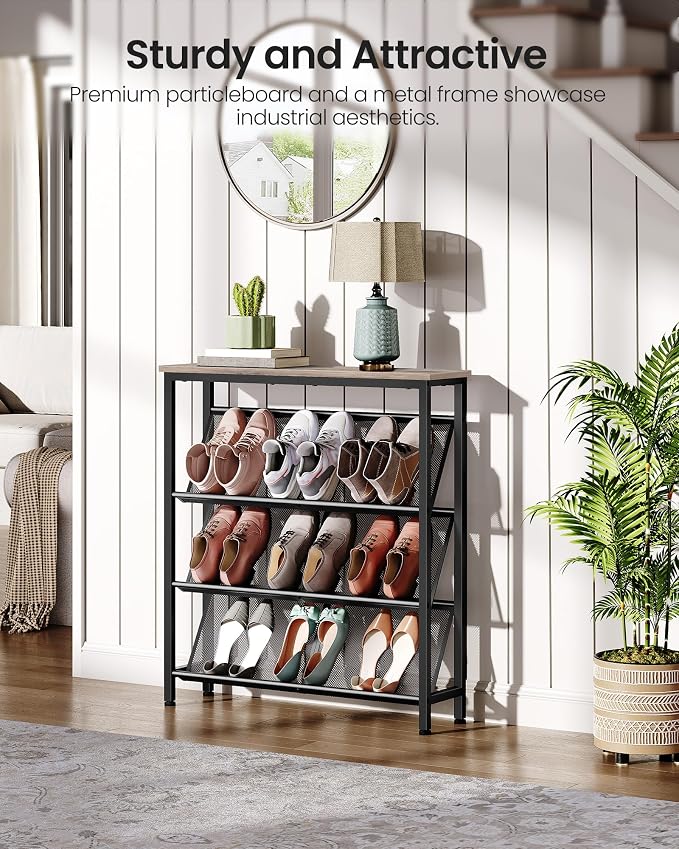 CHOEZON Shoe Rack, 4-Tier Slanted Shoe Storage Shelf, Narrow Shoe Rack for Entryway, Shoe Organizer with Adjustable Feet, Slim Shoe Shelf with Wooden Top and Metal Frame, Greige and Black TXJ75BG