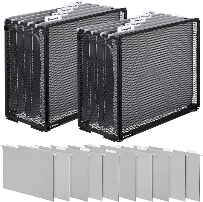 2 Pack Hanging File Holder, 10 Hanging Folders, Metal Mesh, Letter Size Folder Storage, Desktop Storage Cabinets, Office School Document(Gray,Small)