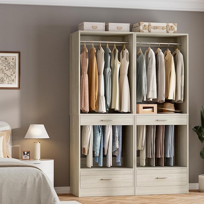 Homieasy Closet System Organizer with Hanging area, Pants Rack & Drawer – Expandable & Sturdy Modular Closet Storage Unit, Customizable Wardrobe Organizer for Bedroom or Walk-In Closet, White Oak