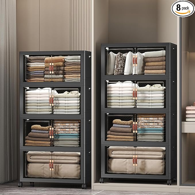 UAMFURI Stackable Storage Bins with Lids, 896QT Closet Organizers and Storage with Doors and Wheels, Extra Large Storage Cabinet, Collapsible Plastic Drawers for Bedroom Dorm Office Garage