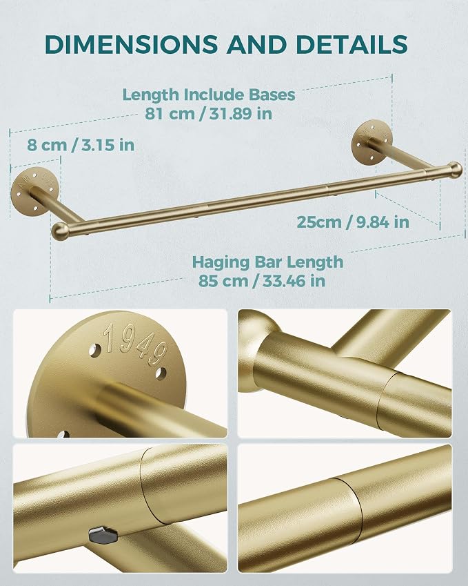 OROPY 33" Industrial Pipe Clothing Rack, Wall Mounted Clothes Rack 2 Pack | Gold, Closet Rods for Hanging Clothes, Multi-purpose Hanging Rod for Laundry Room, Bedroom and Closet Storage