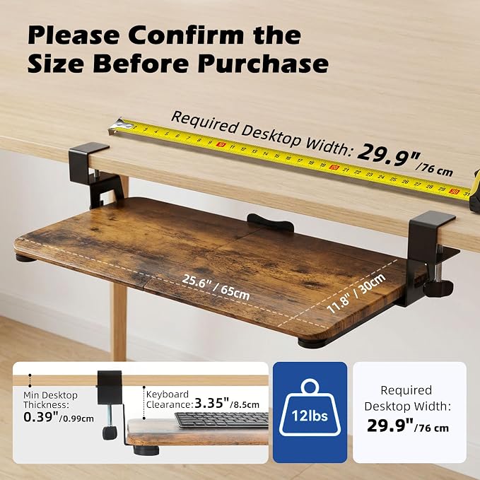 Mahogany Keyboard Tray Under Desk Clamp, Large Slide-Out Keyboard and Mouse Tray, Ergonomic Under Desk Keyboard Drawer Alternative with Wrapped Edge Surface for Home Office