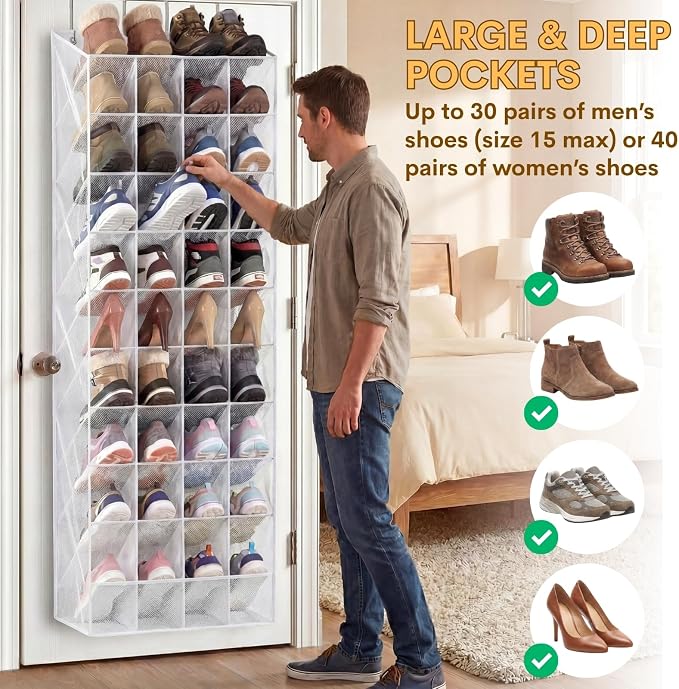 30-40 Pairs Over the Door Shoe Organizer, Clear Large Pockets Hanging Shoe Rack, Space-Saving Closet Door Organizer Fits Boots,Sneakers or Larger Shoes,Shoe Storage for Bedroom,Small Closet,Entryway