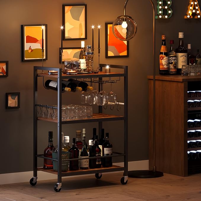 TUTOTAK Bar Cart with Wheels, Drink Cart with Wine Rack and Glass Holder | 3-Tier 23.7 Inch Wide Home Bar Serving Carts, Small Mobile Kitchen Shelf with 6 Hooks, Rustic Brown BC01BB030