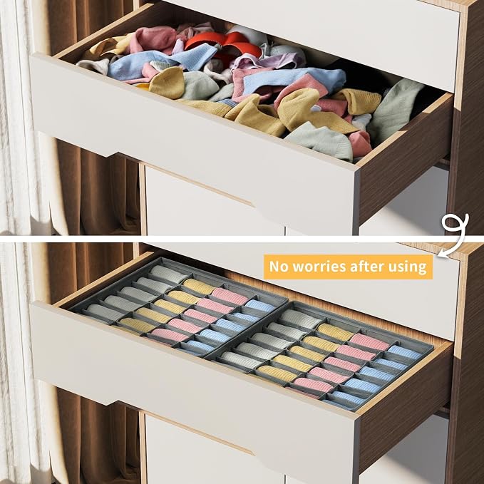 Joyoldelf Sock Drawer Organizer Divider Underwear Organizer 24-cell Fabric Dresser Drawer Organizers Storage Boxes for Socks Lingerie, Handkerchiefs, Ties 4 Pack (Grey)
