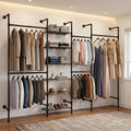 F4 Wall Mounted Closet System, Industrial Pipe Clothing Rack for Hanging Clothes, Heavy Duty Closet Organizer System, Clothes Racks with Shelves & Expandable Rod for Wardrobe, Corner, Black