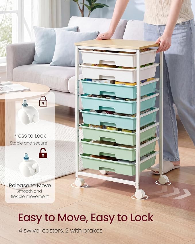 VASAGLE 8-Drawer Rolling Storage Cart, Utility Cart with Wheels and Wood Top, Craft Organizer for Office and Home, 15.6 x 11.2 x 30.1 inch, Green and White, Benco Collection ULRC006C101
