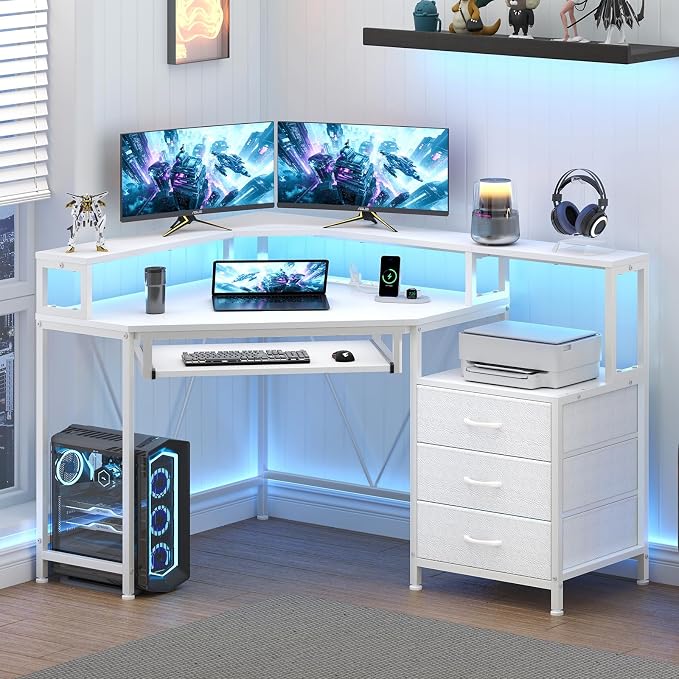47" Corner Desk with Drawers, Power Outlets ＆ Printer Shelf for Small Space | Small Computer Desk with Monitor Stand, Triangle Gaming Desk with LED Lights and Keyboard Tray, White
