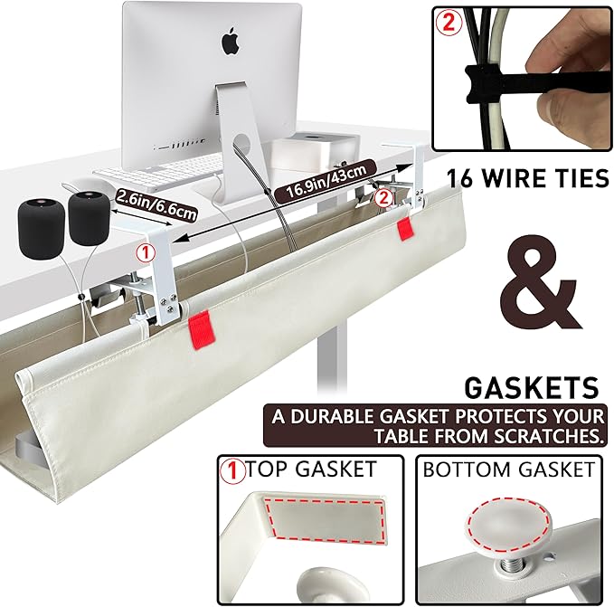 [Upgraded] Under Desk Cable Management, 28" Cord Organizer, with Silicone Pads (No Scratch!), 16 Cable Ties, Washable PE Honeycomb Base,Fits Any Desk 0-2.1", No Stinky Cardboard!Beige28"L x 6"W