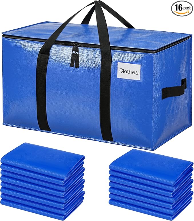 BAGAIL Heavy Duty Moving Bags with Strong Handle, Extra Large Moving Boxes, Storage Tote for Clothes, College Moving Supplies(Blue, 16 Pack)