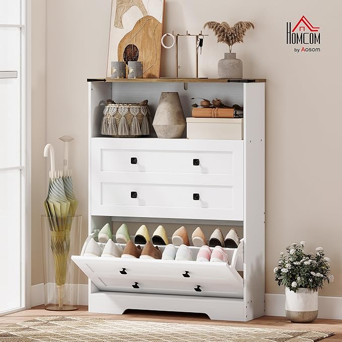 HOMCOM Shoe Cabinet with 2 Flip Drawers, Narrow Shoe Storage Cabinet with Adjustable Shelves and Open Shelf, Farmhouse Storage Organizer for Entryway, Hallway, Holds 12-16 Pairs, White