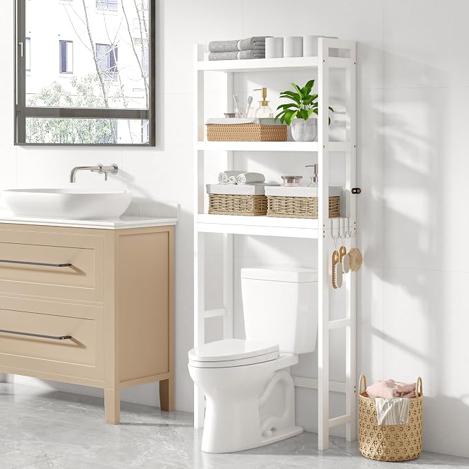 Smiry Over The Toilet Storage Cabinet, 3-Tier Bamboo Bathroom Organizers with Adjustable Shelf & 4 Hooks, Space Saving Shelf Rack for Bathrooms, Laundry Room, Balcony, White