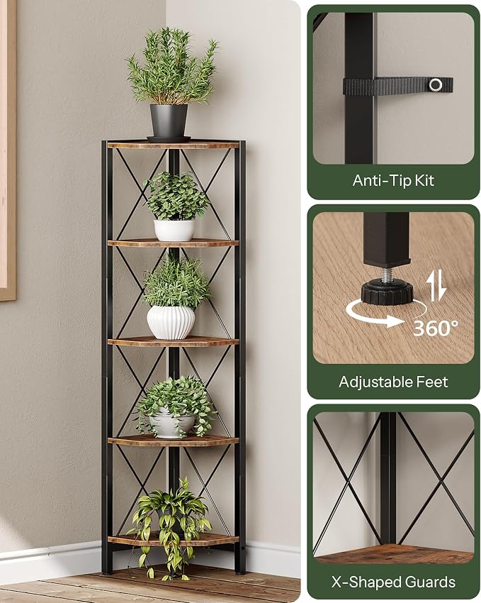 CHOEZON 5-Tier Corner Shelf, Corner Bookcase, 55.2" Tall Vertical Display Rack, Plant Stand, Open Storage Shelf, for Living Room, Bedroom, Study, Kitchen, Rustic Brown and Black TCJ12BF