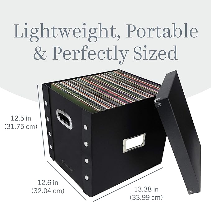 Vinyl Record Storage Box - 12" - 1 Pack- Crate Holds up to 75 Vinyl Albums - Black