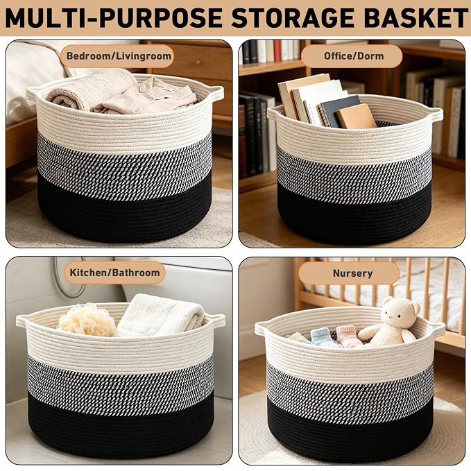 115L Extra Large Blanket Basket,Woven Rope Laundry Basket Hamper with Handles, Decorative Nursery Basket Storage Bin for Toys, Clothes Organizer, Living Room, Bedroom, Bathroom, Black