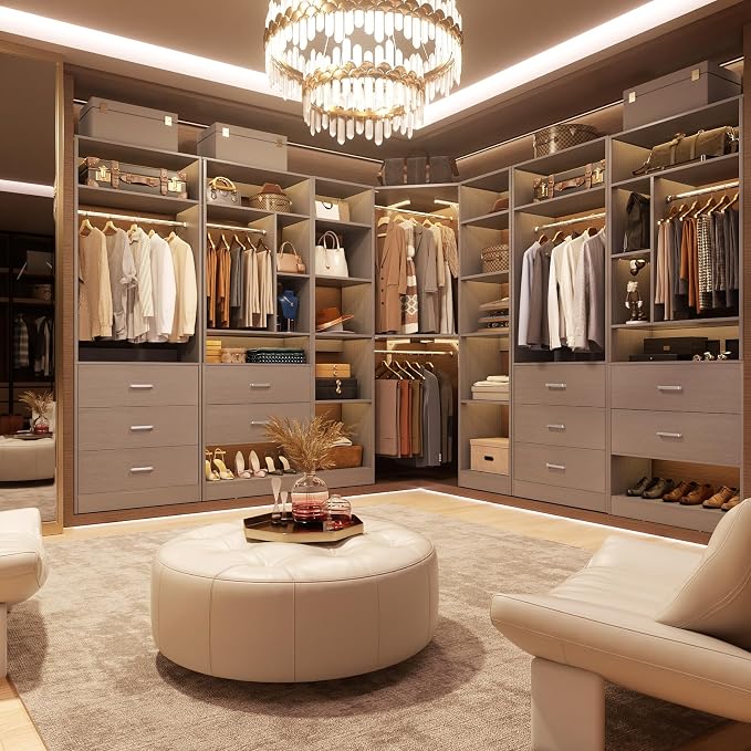Besiost Corner Closet System with 12 Shelves, 39.2" Corner Closet Organizer System with 2 Hanging Rods, Versatile 6-Tier Walk-in Closets for Corner Space, Grey (39.2" L x 39.2" W x 80" H)