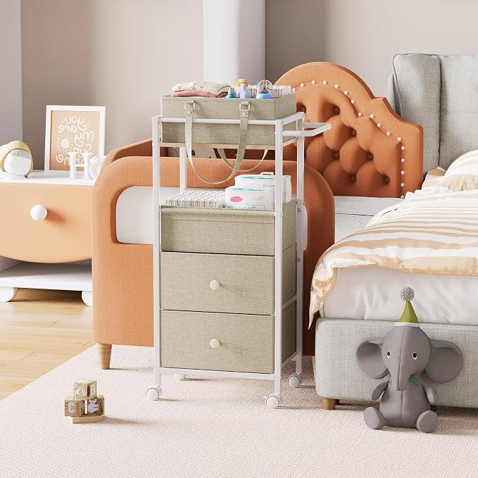 Modanais Baby Diaper Caddy Organizer Cart with Drawers - 3In1 Rolling Storage Cart with Wheels, Removable Diaper Caddy, Detachable Dividers - for Crib, Bedroom, Art & Craft Organizer (Off White)