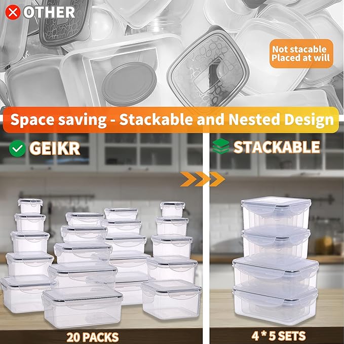40 PCS Plastic Food Storage Containers with Lids Airtight, BPA-Free Leakproof Meal Prep Containers Reusable,Microwave & Dishwasher & Freezer Safe,Includes Labels & Pen