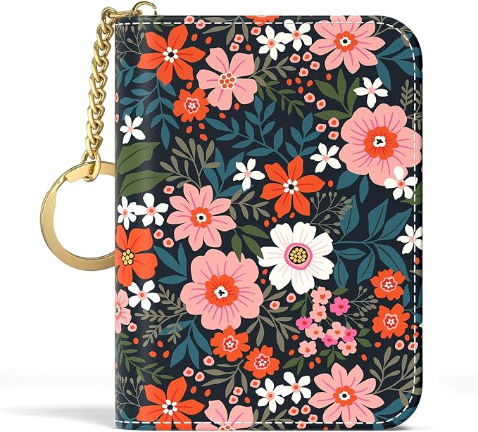 Aiawoxc Credit Card Holder, Small RFID Wallet Slim Leather Card Organizer Case with Zipper and Keychain, Cute Flowers