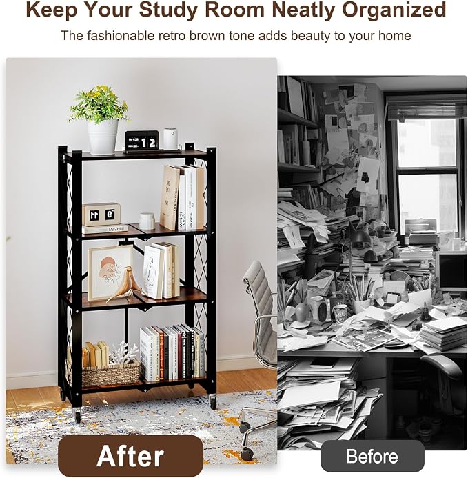 4 Tier Folding Shelf with Wheels, Wood and Metal Bookshelf, no Assembly Foldable Storage Shelves, Vintage Storage Rack for Living Room, Bedroom, and Home Office