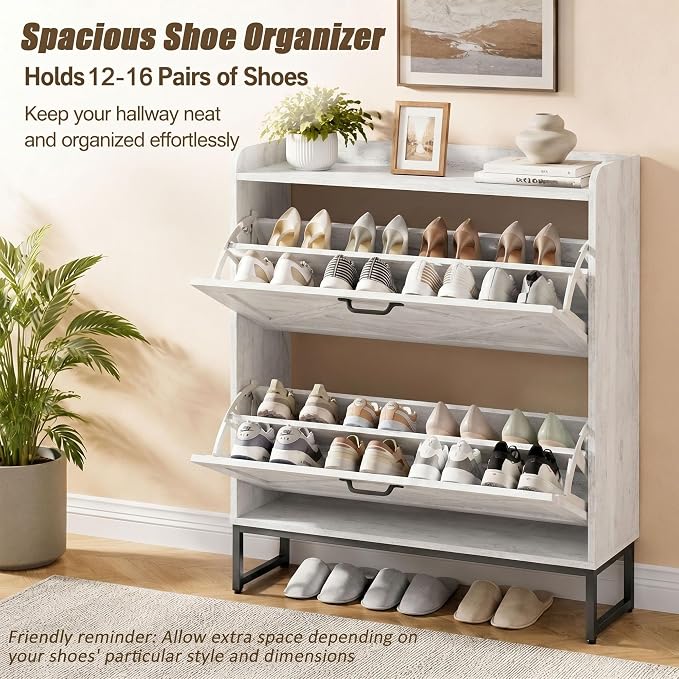 Nicetree Shoe Cabinet Storage for Entryway, Slim Shoe Storage Cabient with 2 Flip Drawers, Narrow Vertical Shoe Rack Cabinet with Metal Hooks, Small Space Solution for Hallway, White