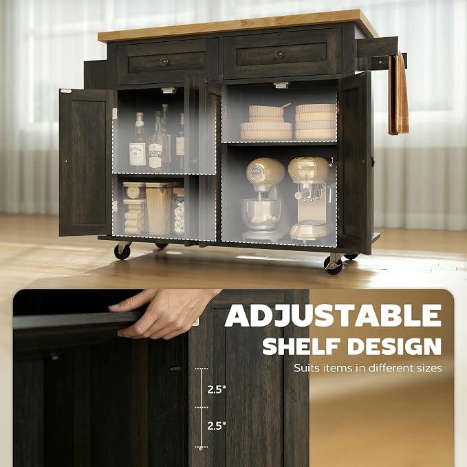 HOMCOM Kitchen Island Cart with Solid Wood Top, 44" Mobile Kitchen Island Table on Wheels with Storage Cabinets, 2 Drawers, Adjustable Shelves, Spice Rack & Towel Bar for Dining Room, Brown Oak
