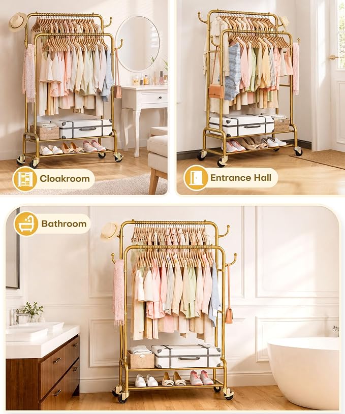 Homde Sturdy Garment Rack for Bedroom: 265 lbs Heavy Duty Clothes Organizer | 2 Hanging Rods Hold Coat to T-Shirt - Easy Roll & Park on Wheels - Metal Frame Stays Solid & Stable at Full Load