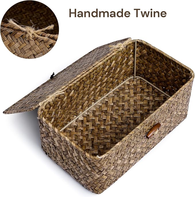 Natural Seagrass Storage Baskets with Lid,Multipurpose Home Organizer Bins Boxes for Shelf Organizer,Decorative Storage Bins
