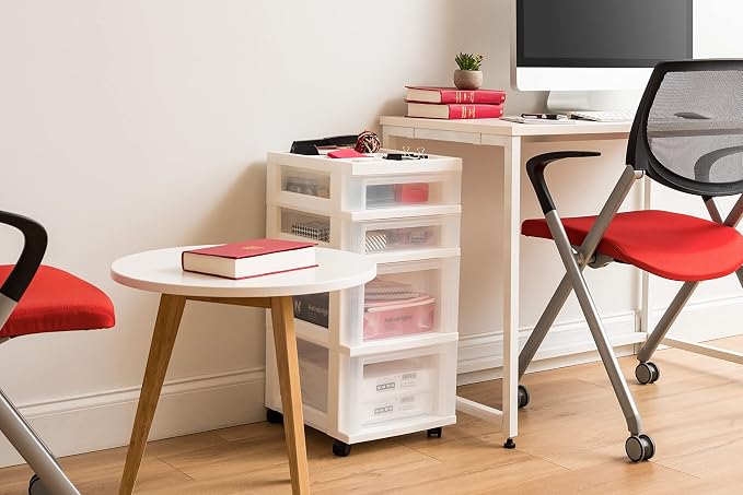 IRIS USA 4-Drawer Rolling Storage Cart, White/Clear | Keep craft supplies, office essentials, classroom items, and accessories organized with easy-access drawers for daily use