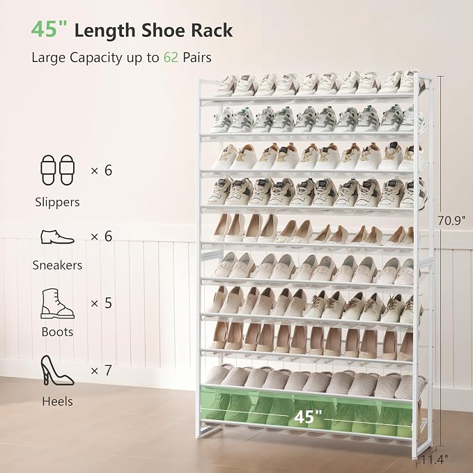 Nunsino Shoe Rack, Long Shoe Organizer,Max Holds 62 Pairs,10 Tier Metal Shoe Storage Shelf,5-Tier Stackable Shoes Organizer for Garage, Entryway,White