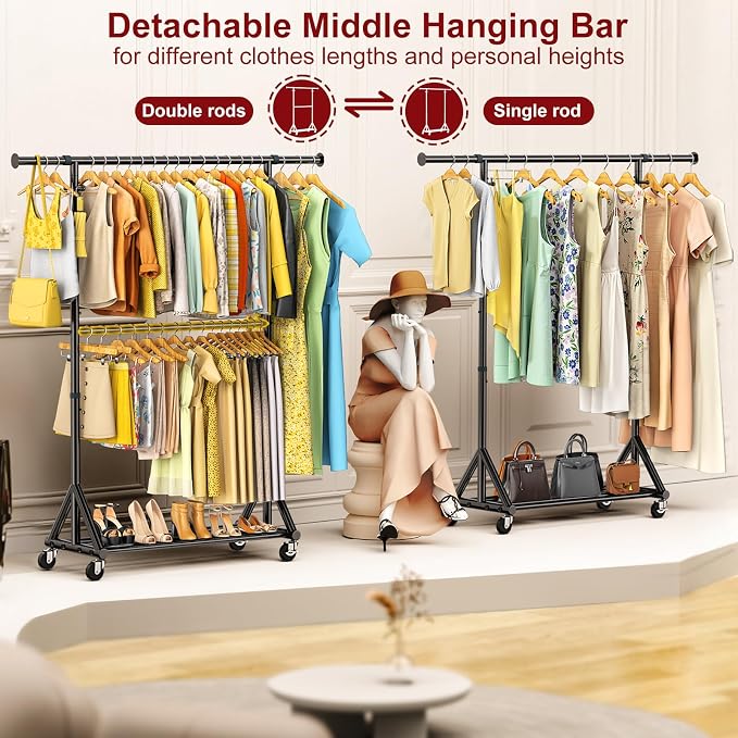Heavy Duty Clothes Rack Load 760 LBS, Double Tier Rolling Garment Rack with Wheels, Adjustable Height Clothing Rack for Hanging Clothes, Double Rod Sturdy Metal Clothes Hanging Rack for Bedroom