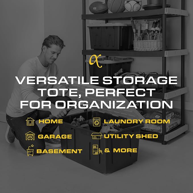 CX Black & Yellow 27-Gallon Heavy Duty Stackable Storage Bins with Lids, Dorm Room Essentials, Moving Boxes, Back to School, Classroom Organization, Home Organization, 4 Pack (14.3"H x 20.6"W x 30.6"D)