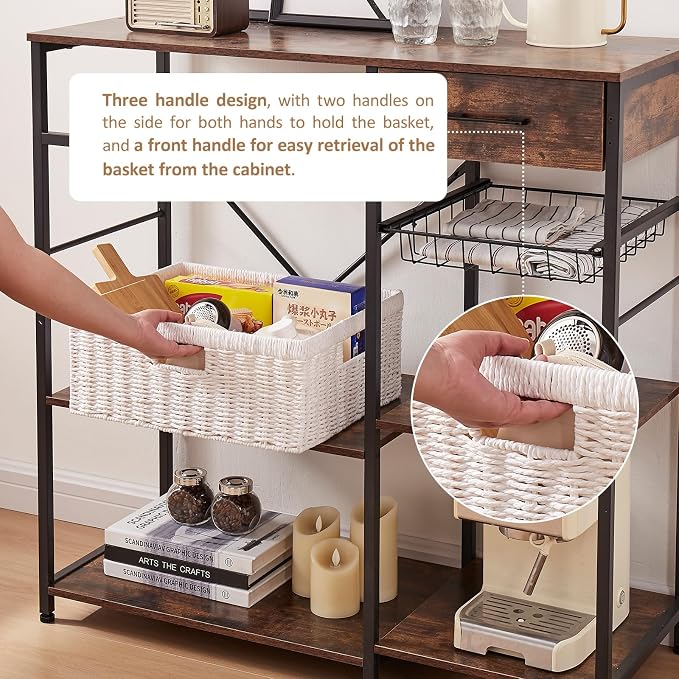 OIAHOMY Wicker Storage Basket, Rectangular Paper Rope Shelf Baskets with Built-in Handles, Woven Decorative Organizer for Pantry, Shelves, Living Room and Bathroom, 1-Pack White