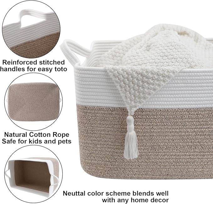 65L Collapsible Woven Rope Laundry Basket with Handles-White/Brown | 21x16x12 Foldable Rectangular Blanket Basket for Toys, Clothes & Pillows,Ideal for Nursery, Bathroom, Bedroom, Living Room