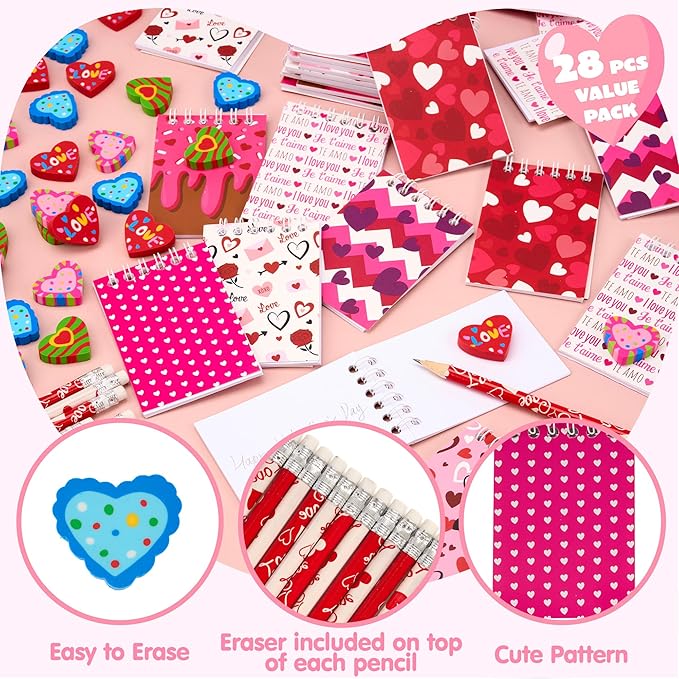 JOYIN 28 Packs Valentine Gifts for Kids, Notepad, Pencil and Eraser for Kids and Adults School, Party Favor Stationery Sets, Gift Set Classroom Exchange Toy