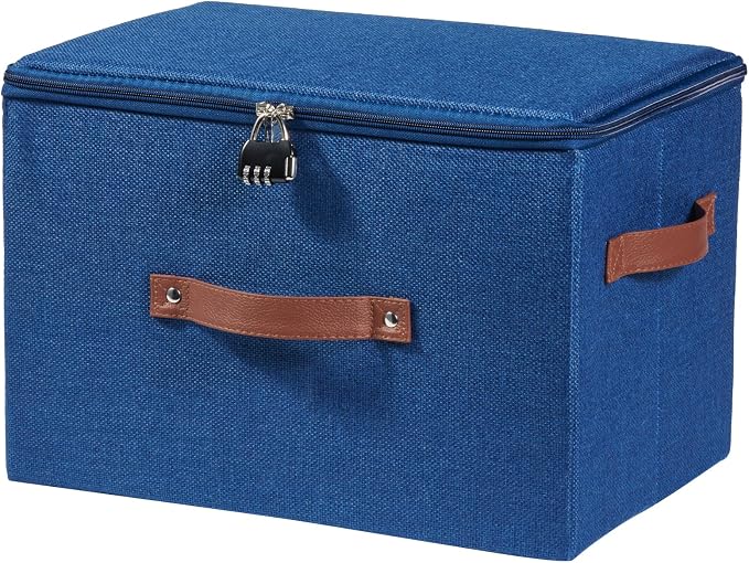 Storage Bins Boxes with Zipper Lid Combination Lock PU Leather Handles Cotton Linen Fabric Lidded Lockable Baskets Foldable Washable Closet Shelf Organizer Container (Deep Blue, Large)