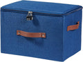 Storage Bins Boxes with Zipper Lid Combination Lock PU Leather Handles Cotton Linen Fabric Lidded Lockable Baskets Foldable Washable Closet Shelf Organizer Container (Deep Blue, Large)