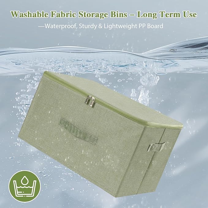 ANMINY 3PCS Storage Bins with Zipper Lids 51.9 Qt Lidded Fabric Storage Boxes Baskets Cubes with Handles Collapsible Washable Cotton Linen Closet Shelf Clothes Organizer - Green, Extra Large