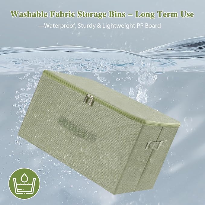 ANMINY 2PCS Storage Bins with Zipper Lids 13 Qt Lidded Fabric Storage Boxes Baskets Cubes with Handles Collapsible Washable Cotton Linen Closet Shelf Clothes Organizer Containers - Green, Small