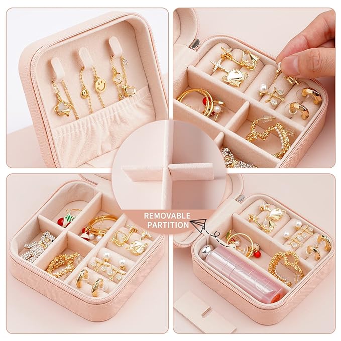 Neveika Portable Travel Mini Jewelry Box Leather Jewellery Ring Organizer Case Storage Gift Box Girls Women (pink).