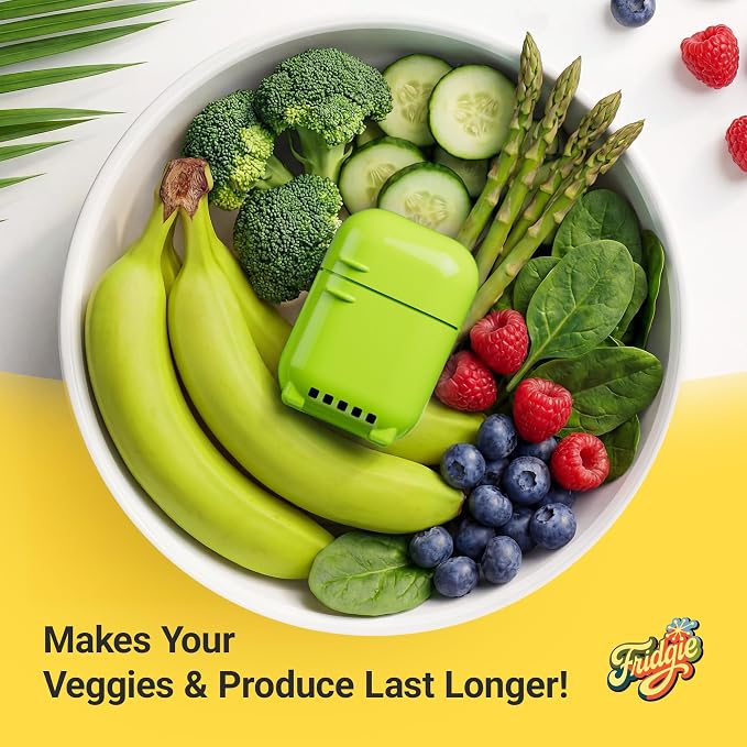 Fridgie Produce Saver, Ethylene Gas Absorber, Fresh Vegetable Saver - Green | 4 refill packets, up to 12 months, slows ripening, cuts food waste, crisper drawer, keeps lettuce, berries, herbs crisp