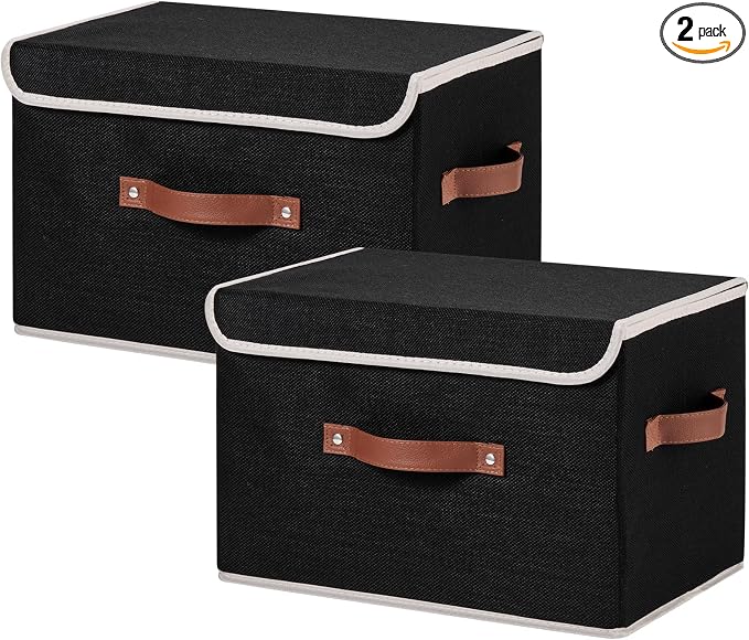 2PCS Storage Bins Box with Lids Decorative Cotton Linen Fabric Baskets Cubes with Handles PP Plastic Board Foldable Washable Lidded Clothing Shelf Closet Organizer Container (Black, Large)